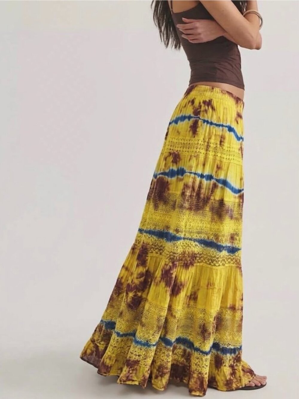 New Boho Flowy Lace Maxi Skirt M Pull On Cotton Gipsy Tie Dye Cottage